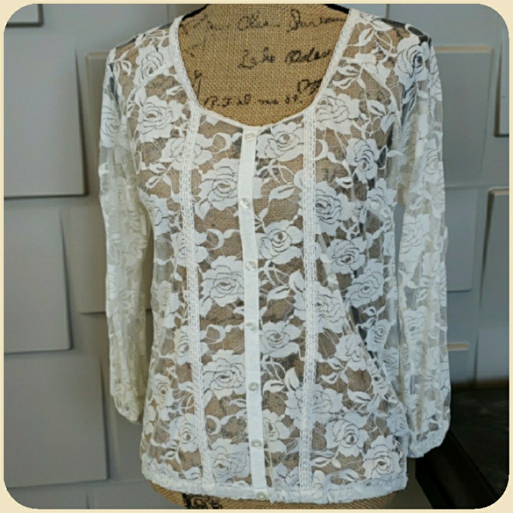 Wallflower top blouse cream white lace sheer long sleeve round neck Size Large - Picture 1 of 5